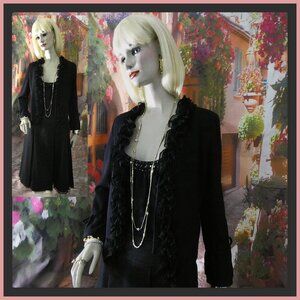 St. John Evening Suit Size 12 Black Silk Ruffled Jacket w SJ Couture Silk Skirt